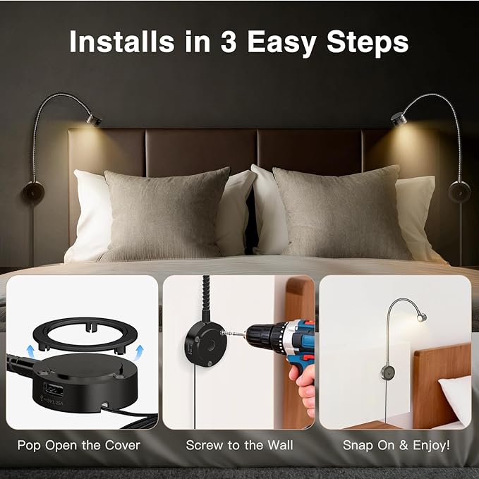 VST Bed Reading Lights for Headboard, Bedside Wall Mounted Reading Lamp, Reading Light Touch to Adjust Brightness with USB/Type-C Charging Ports, ETL-Listed