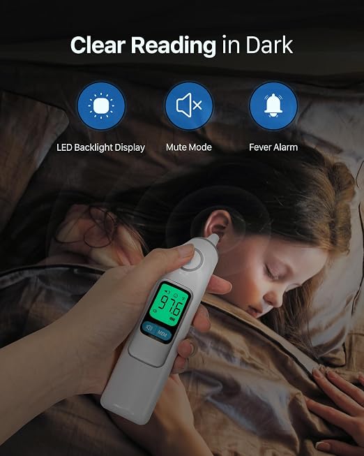 Femometer Family Ear Thermometer for Adults and Kids, White | 1s Fast Accurate Reading, 30-Memory Recall, 3-Color Fever Alert, ℃/℉ Switchable, Silent Mode, with 24 Disposable Probe Covers