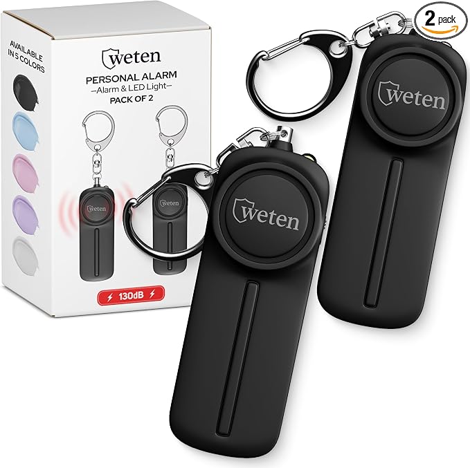 Personal Safety Alarm Keychain for Women, 130dB Siren, 2 Pack Black | LED Light, Panic Pin, Self-Defense Device, Emergency Whistle Alternative for College, Travel, and Night Walk Protection