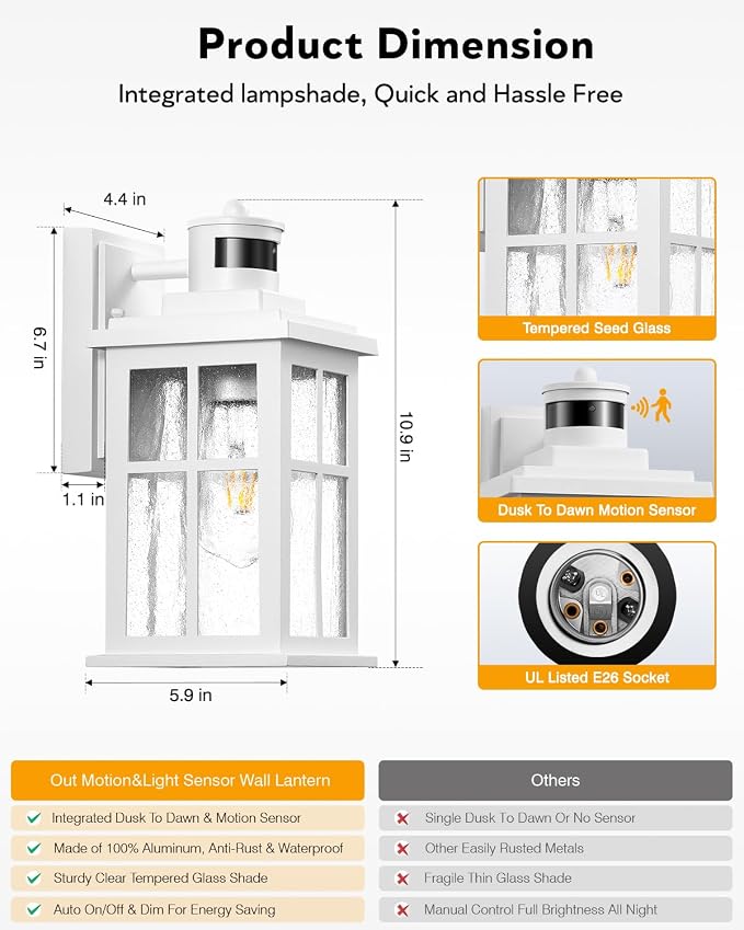 VIANIS White Motion Sensor Outdoor Wall Lights, Front Porch Lights Outdoor | Anti-Rust Waterproof Exterior Lighting Fixtures Wall Mount, Dusk to Dawn Outside Garage Lights, Outdoor Wall Sconce Lantern