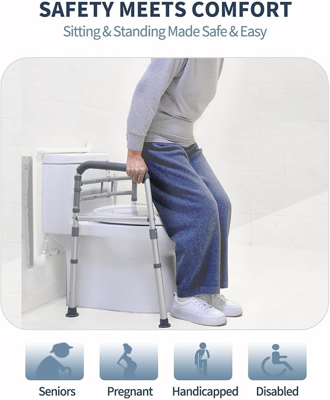 Toilet Safety Rails, Height-Adjustable, Foldable, Tool-Free Assembly, for Elderly, Seniors, Handicap & Disabled, 350 lbs Capacity