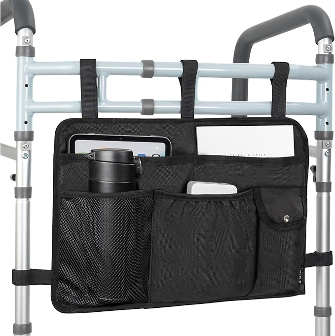 Walker Bag Multiple Pockets Walker Basket for Folding Walker with Cup Holder Bag for Walkers for Seniors Rollator Accessories Bag Black