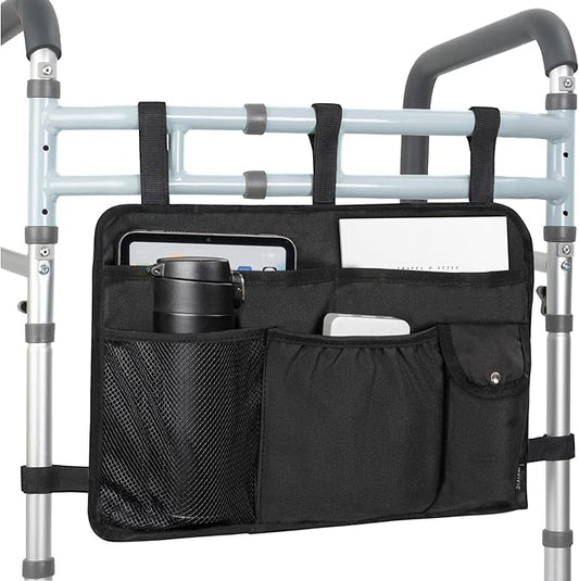 Walker Bag Multiple Pockets Walker Basket for Folding Walker with Cup Holder Bag for Walkers for Seniors Rollator Accessories Bag Black