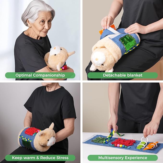 lefeke Fidget Muff Cat and Blanket for Elderly, Fidget Blanket for Dementia, Premium Dementia Activities for Seniors, Sensory Gifts for Nursing Home