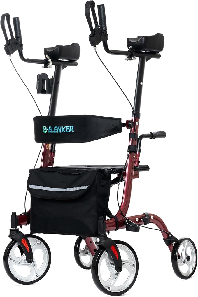 ELENKER Upright Rollator Walker, Stand Up Folding Rollator Walker Back Erect Rolling Mobility Walking Aid with Seat, Padded Armrests for Seniors and Adults, Red