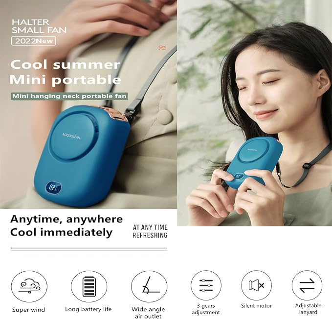 AOCOOLFAN Portable Neck Fan, Mini Small Personal Handheld Fan USB Rechargeable 3 Speed for Girls Boys Woman Eyelash Travel Home Office Outdoor (Blue)