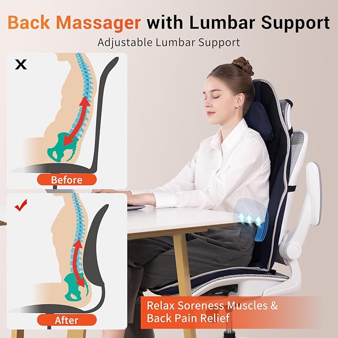 SLOTHMORE Back Massager with Heat, Full Body Massage Pad with Pillow Neck Support, Chair Massager with 3D Lumbar Support and 8 Vibration Motors, Christmas Gifts for Dad Mom, Home Office Use