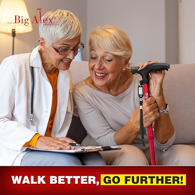BigAlex Folding Walking Cane with LED Light,Pivoting Quad Base,Adjustable Walking Stick with Carrying Bag for Man/Woman (Alloy Base)