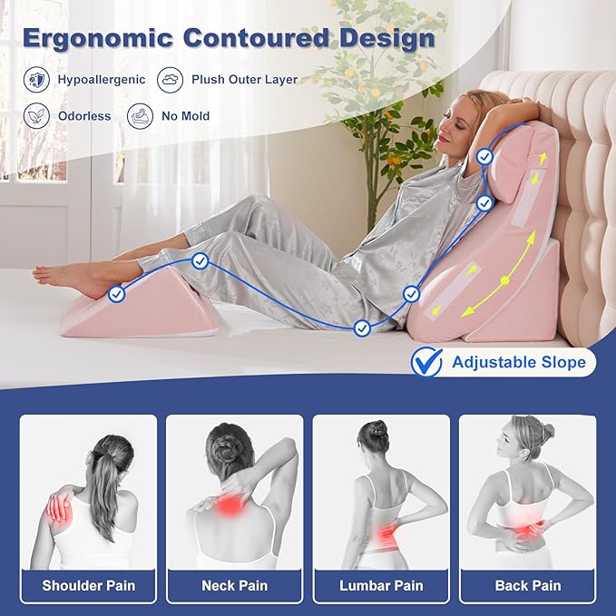 4PCS Orthopedic Bed Wedge Pillow Set for Post Surgery Recovery - Adjustable Memory Foam Support Pillows for Back/Leg/Shoulder Pain Relief, Acid Reflux & Anti Snoring Sleeping System, Pink