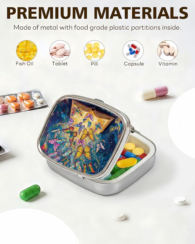 LRITER Pill Case, 2 Compartment Portable Small Travel Pill Organizer for Purse and Pocket, Stylish Medicine Case with Multiple Patterns, Daily Pillbox for Home & Travel (Butterfly Book)