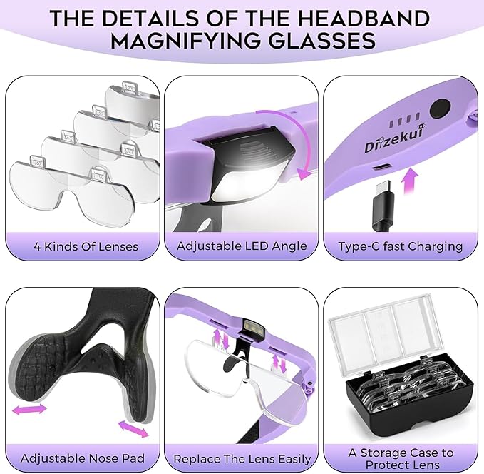 Dilzekui Magnifying Glass w/Light,1.5X-5X Magnifying Glasses Acrylic Lenses | Rechargeable Light with 2 Levels, Type-c Charged, 2 Wearing Ways, Hands free Headband Magnifier for Close Work Craft Hobbies