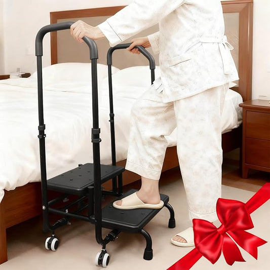 Step Stool with Handle for Elderly Adjustable Dual Handles, 4 Lockable Wheels, Non-Slip Platform Bed Steps for High Beds for Adults, Suitable for Bathtubs and Kitchens, Also Functions as a Foot Stool