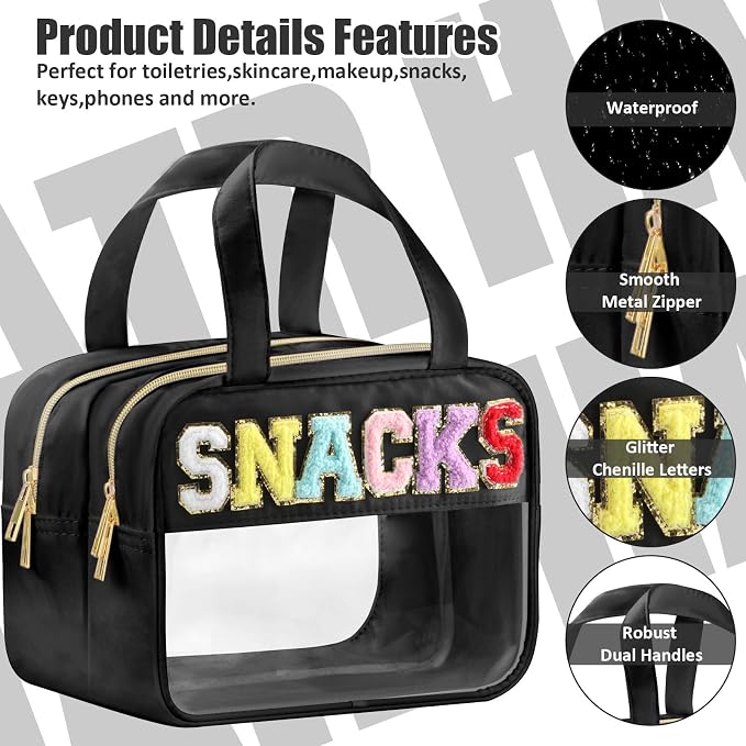 BuyCard Chenille Letter Clear Makeup Bags, Snacks Bag for Travel, Preppy Patch Nylon Cosmetic Bag with Handles and Zipper, Waterproof Large Clear Travel Toiletry Bag Storage Bag for Women Black