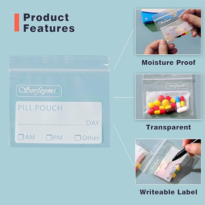 Serfeymi Pill Bags for Travel Pill Pouch Organizer Pack of 540 BPA Free 3 x 2.75 inch Reusable Pill Pouches for Medicine with Write on Label & Zipper Seal Waterproof AM PM Pill Baggies for Supplements