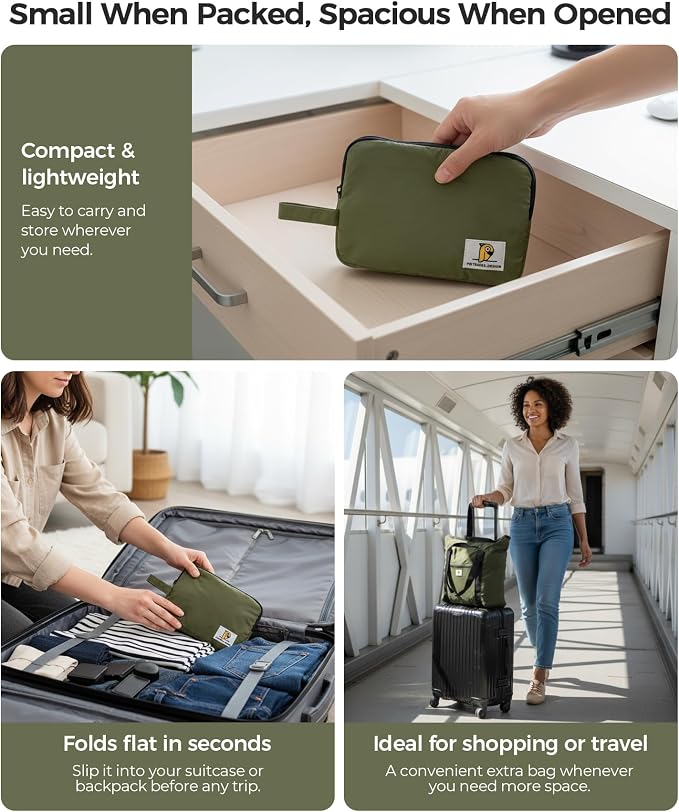 Foldable Travel Bag, 26L Duffle Bag for Travel, Expandable Second Carry-On Bag for Travel & Shopping, Water-Resistant Personal Item Bag, Olive Green