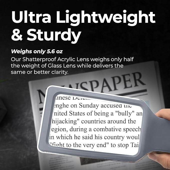 MagniPros 6X Rechargeable Magnifying Glass for Reading with 3 Color Light Modes & Anti-Glare Lens - Relieve Eye Strain | Perfect for Low Vision Seniors, Inspection, Crafts & Fine Print