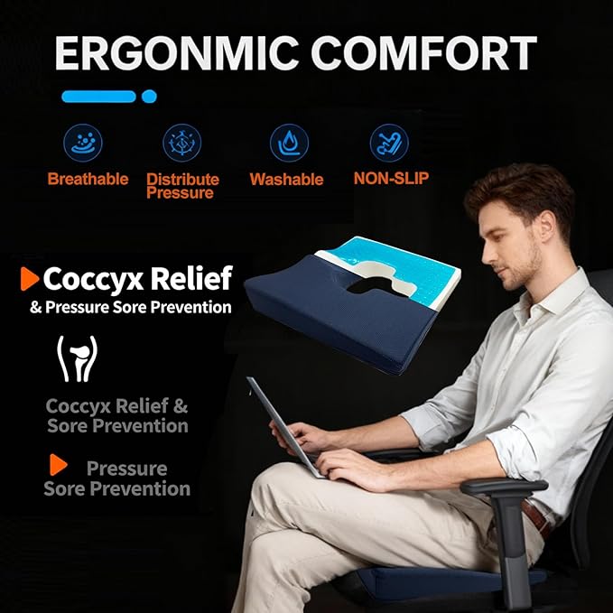 Gel Wheelchair Seat Cushion,Bed Sore Cushions for Butt,Office Chair Pressure Sore cushion,Memory Foam Pillow for bed,Pressure Ulcer Pain Relief,Relieve Sciatica,Coccyx,Washable Cover(Set Blue)