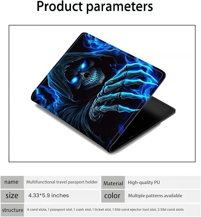 Passport Holder Wallet Cover Case,RFID Blocking Passport Cover,Large Capacity Travel Wallet with Multi Card Slots (Skull with Blue Flame Art)