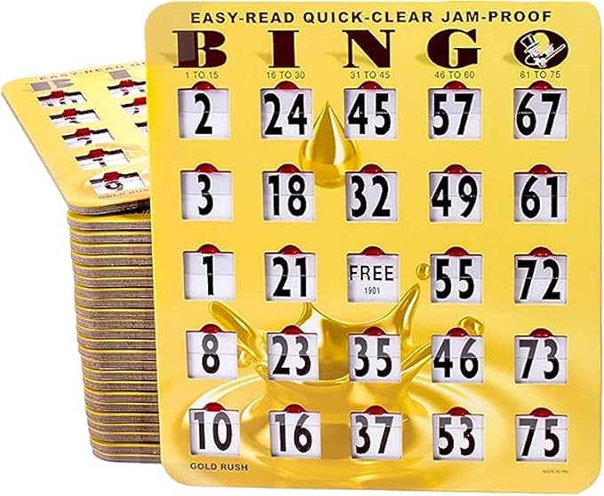 MR CHIPS Jam-Proof Easy-Read Quick-Clear Large Print Fingertip Slide Bingo Cards with Sliding Windows 100 Pack in Gold Rush Style