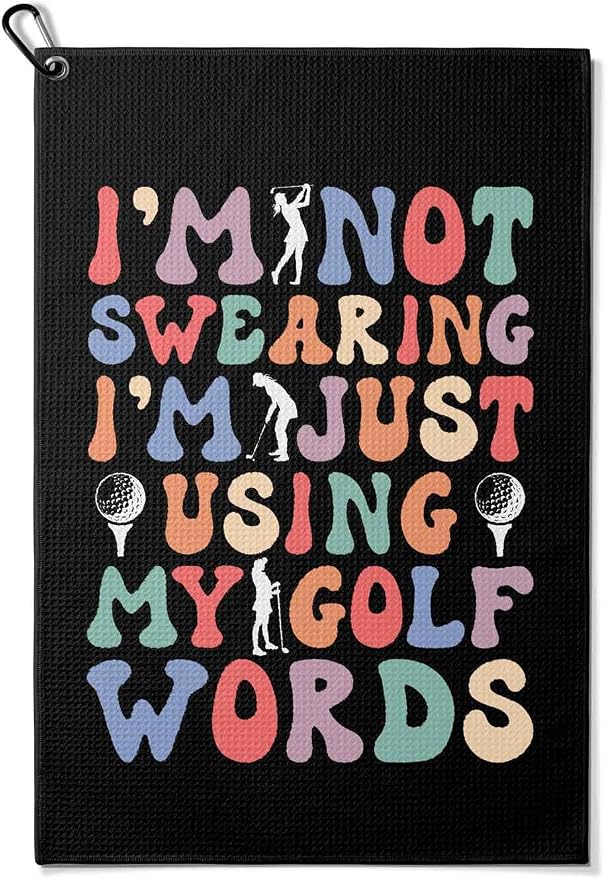 Ladies Golf Towel with Clip,Funny Golf Bag Accessories for Women,Using My Golf Words 16"x24"inch Microfiber Golf Towel,Golf Gifts for Mom Grandma Dad, Birthday Christmas Retirement Golfer Gifts Black
