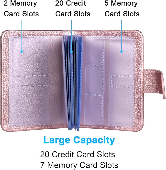 Wisdompro Credit Card Holder, RFID Blocking Wallet Debit Card Protector | Slim Leather Credit Card Organizer Case, Card Case with Magnetic Closure, 20 Card & 7 Memory Card Slots - Vertical Rose Gold