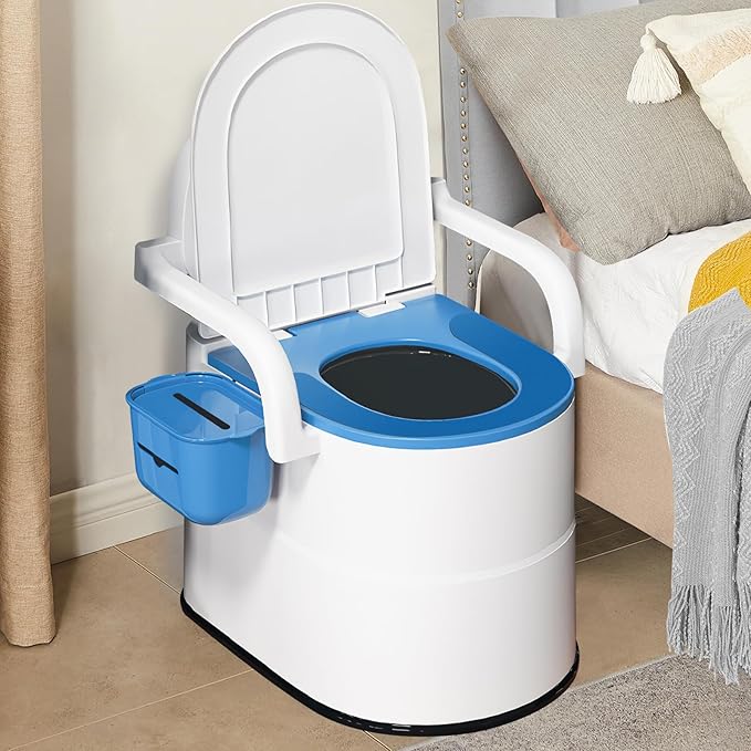 Bedside Commode Toilet for Elderly, Portable Toilet for Adults with Full-Surround Anti-Slip, Armrests, Double Layer Odor Sealed, Bedside Commode Chair for Toilet with Arms, Blue