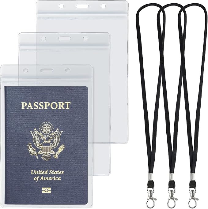 Uniclife 3 Pack Passport Holders with Lanyards for Travel Events | clear PVC passport holders with lanyards are waterproof and extra large for travel, cruises, events and IDs.