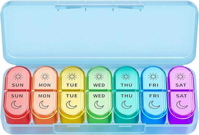 Weekly Pill Organizer 2 Times a Day - AM PM Pill Organizer with 7 Daily Color-Coded Small Cases, Morning and Night Travel Pill Cases for Vitamins, Medicine, & Supplements