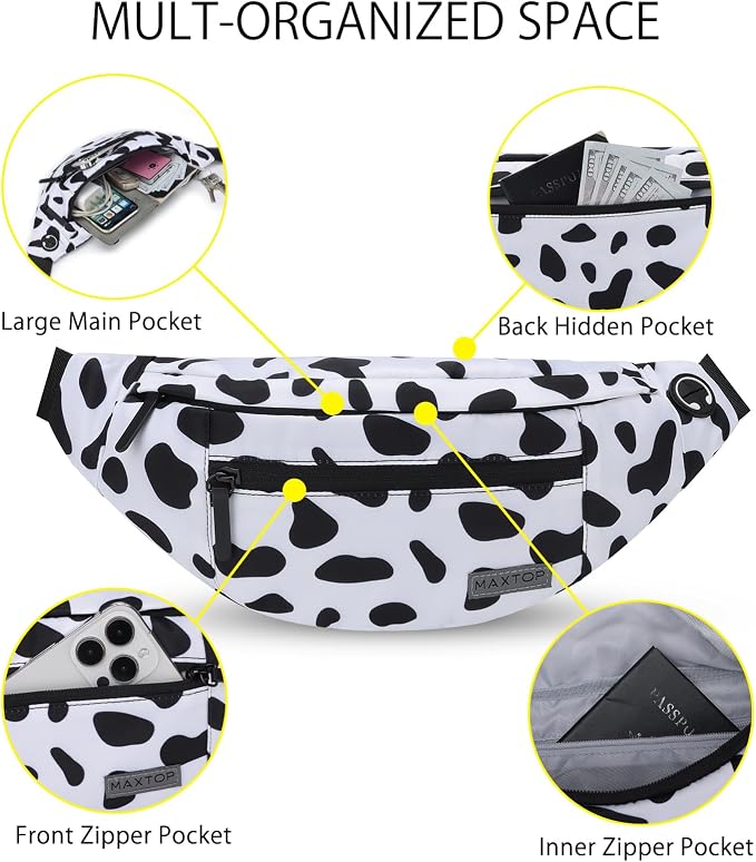 MAXTOP Large Cow Print Crossbody Bags for Women Cute Fanny Pack Belt Bag | 4-Zipper Pockets,Gift for Enjoy Music Concert Hiking Running Cycling Traveling Hands-Free Waist Pack Fits All Phones