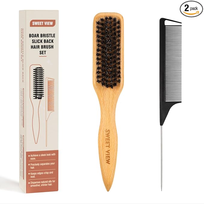 SWEET VIEW Boar Bristle Slick Back Hair Brush | Smooth Flyaways, Frizz, Sleek Ponytail, Buns and Edge Baby Hair, Gel Comb Styling Accessories for Girls, Kids and Women