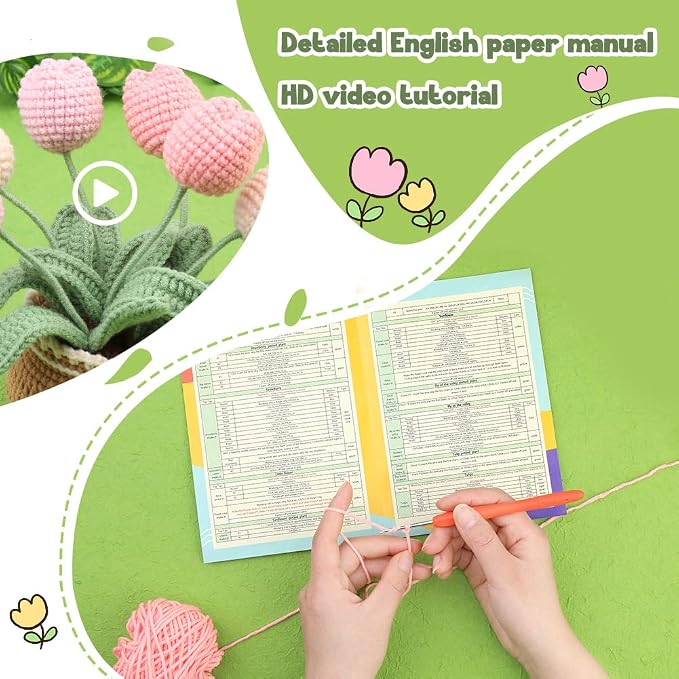 kgxulr Crochet Kit for Beginners, Tulip Crochet Starter Kit Beginner for Complete Beginners Adults, Crocheting Knitting Kit with Step-by-Step Video Tutorials (Tulip)