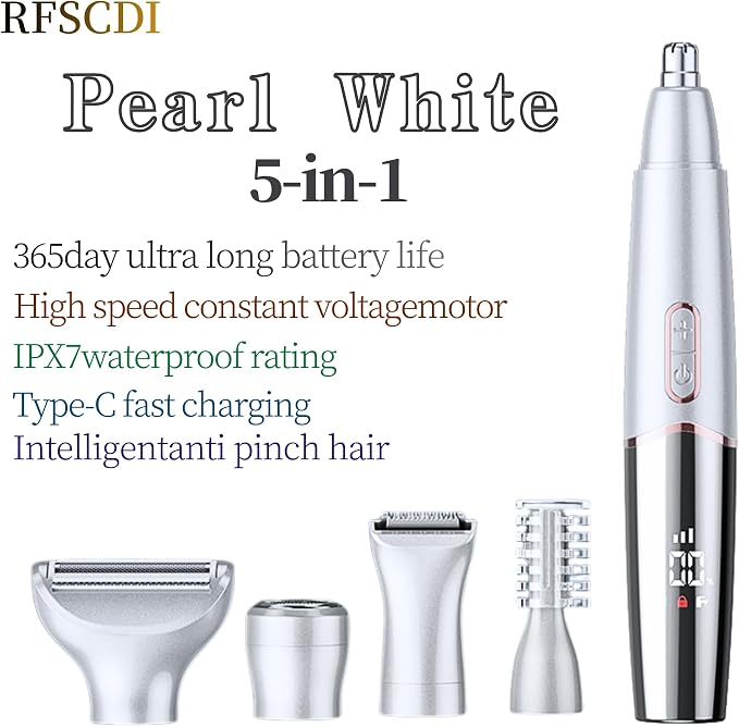 5-in-1 Rechargeable Nose & Ear Hair Trimmer - IPX7 Waterproof Dual Edge Grooming Kit for Men & Women, Perfect for Hair Removal of Nose, Eyebrows, Beard, Bikini, and Facial Hair (White)