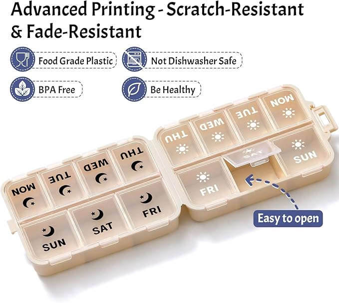 Foldable & Portable Weekly Pill Organizer 2 Times a Day with Clear Printed Labels - 7 Day AM PM Medicine Box, Week Daily Travel Pill Meds Case Holder for Medications, Vitamin, Supplement - Khaki