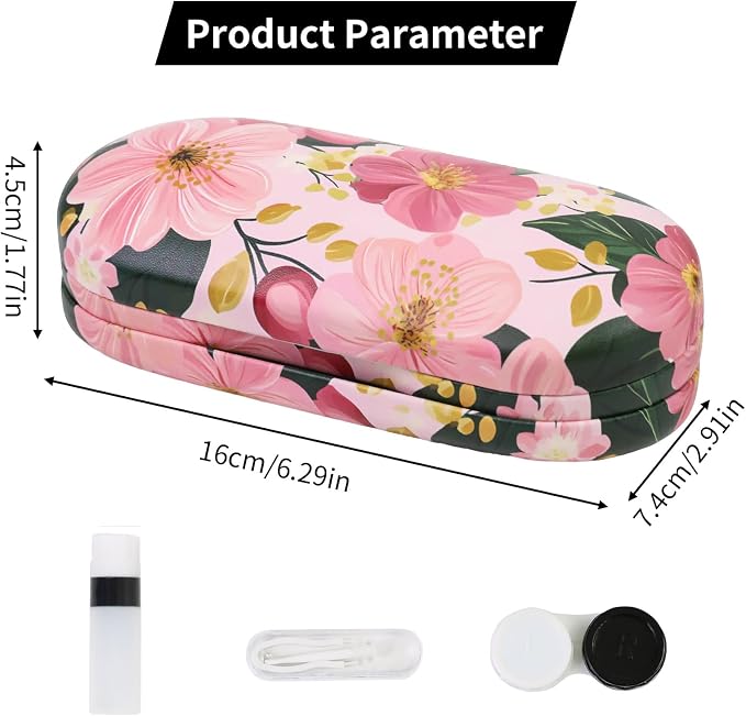 2 in 1 Contact Lens Case and Eyeglasses Case for Women Men Kids, Double Sided Hard Shell Portable Glasses Travel Holder with Built-in Mirror, Contact Lens Box Storage Kit (Pink Flower)