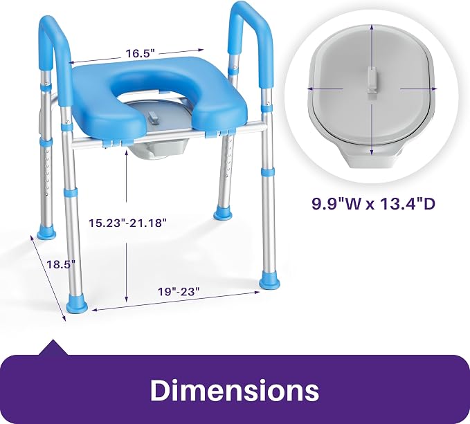 KEKOY Toilet Seat Risers for Seniors, Adjustable Size, Bedside Commode | Padded Elevated with Handles, Fits Most Heights Builds,Tool Free Install,Fits Most Round Elongated Toilets for Handicap, Blue