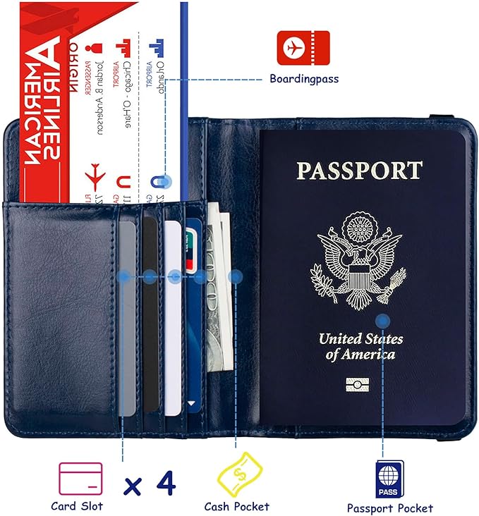 TOURSUIT RFID Blocking Passport Holder, Leather Travel Wallet, Dark Blue | Travel Document Holder Cover Accessories, 3D Metal Badge, For Women Men