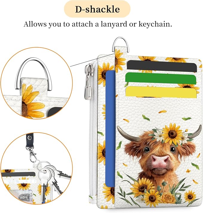 Hancynir Highland Cow Credit Card Holder Small Wallet Women, Cute Slim RFID | Sunflower Zipper Keychain Wallet, Thin Travel Coin Pocket, PU Leather, Minimalist Card Case, 6 Card Slots, Ladies Women Gifts