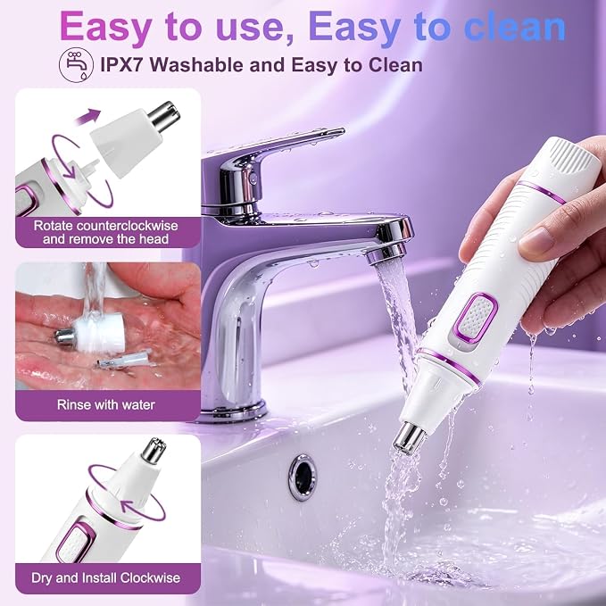 AREYZIN Nose Hair Trimmer for Women, 2 in 1 Professional Painless Electric Facial and Eyebrow Hair Remover, IPX7 Waterproof, USB Rechargeable, Dual-Edge Blades (White)