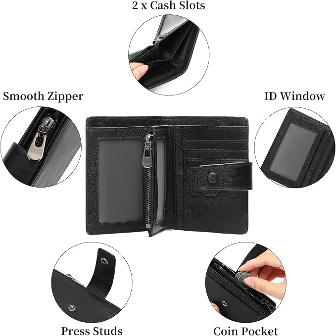 GAEKEAO Genuine Leather Wallets for Men with Zipper, RFID Blocking Mens Wallet with Coin Pouch, Bifold Wallet with 2 ID Windows in Gift Box, Billeteras de Hombres