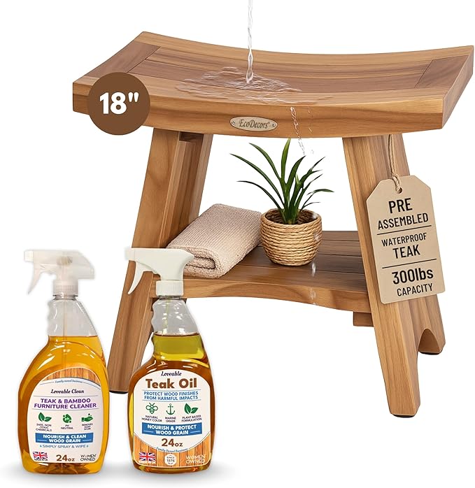 EcoDecors Fully Assembled, Serenity 18" Teak Shower Bench, with Shelf, Wooden Shower Bench, Shower Stool, Plus Teak Care Bundle, Teak Oil Spray, Compact Fit for Small Bathrooms, Sauna Bench