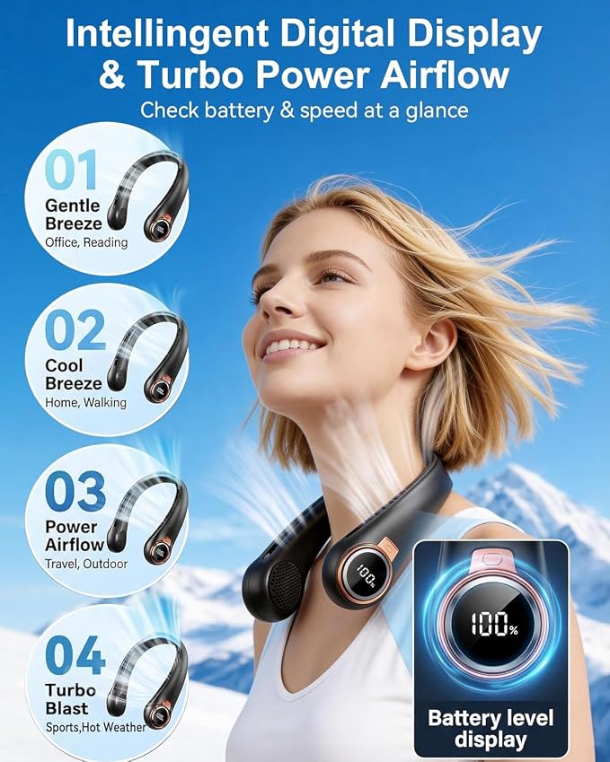BNBZ Neck Fan, 4000mAh Portable Rechargeable Fan Blows Cold Air with LED Display, 4 Speeds 360° Strong Airflow, Quiet Wearable Personal Cooling Fan for Outdoor Travel Gift for Women Men