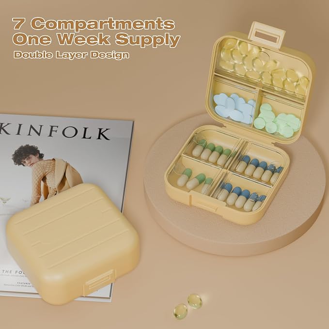 Small Travel Pill Box, Double Layer 7-Compartments Pill Organizer, 3.1" x 3.1" x 1.4" Portable Weekly Pill Case Container for Pocket, 7 Day Compact Medicine Holder for Vitamins, Fish Oils Yellow