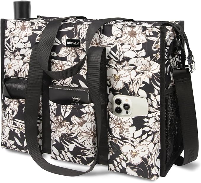 TOPDesign Utility Water Resistant Tote Bag with 22 Pockets, Top Zipper Closure & Thick Bottom Support, for Working Women