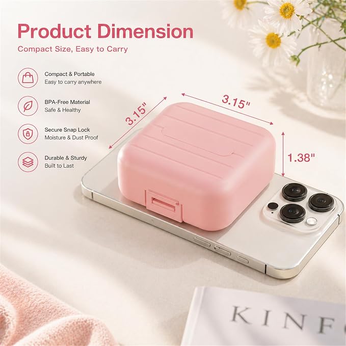 Small Travel Pill Box, Double Layer 7-Compartments Pill Organizer, 3.1" x 3.1" x 1.4" Portable Weekly Pill Case Container for Pocket, 7 Day Compact Medicine Holder for Vitamins, Fish Oils Pink
