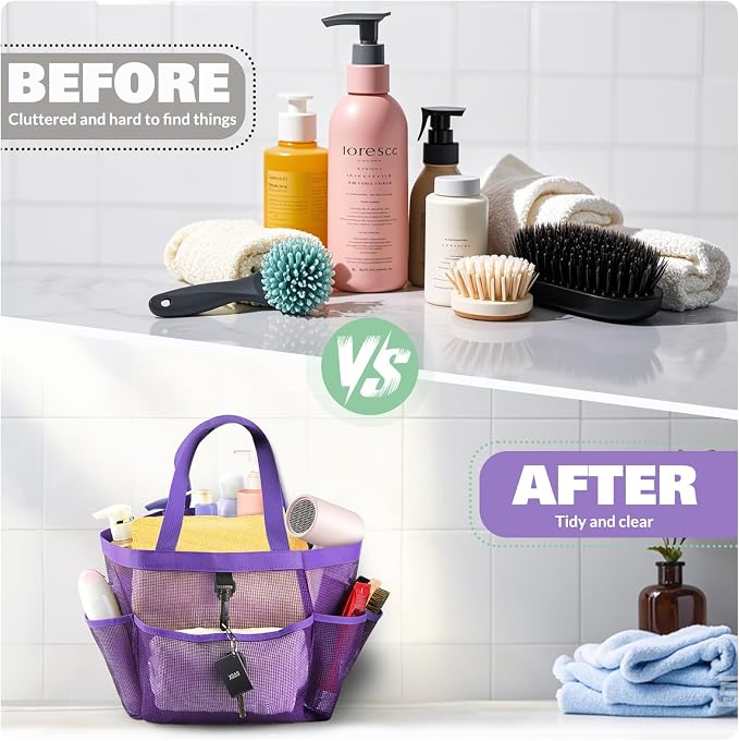 LOYEE Mesh Shower Caddy Portable for College Dorm Room Essentials with 8 Pockets, Shower Bag for Beach, Swimming, Gym, Travel, Bathroom(All purple)