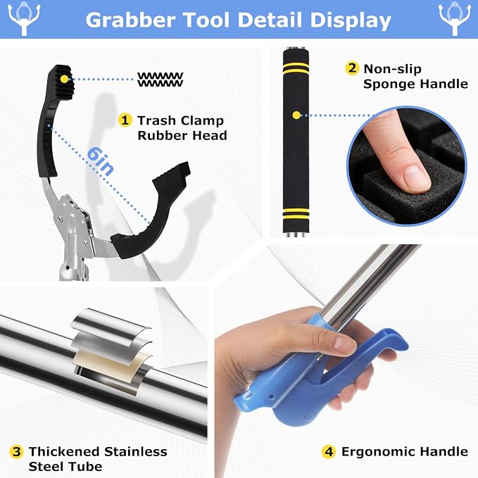 Grabber Reacher Tool Heavy Duty,52.5in Reacher Grabber Pickup Tool Extra Long No Need Bend Trash Picker Upper Grabber Stainless Steels Tube with Sponge Handle for Seaside Garden and Yard