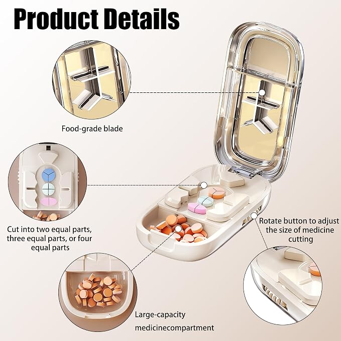 Pill Cutter Splitter for Small and Tiny Pills - 1/2&1/3&1/4Adjustable Pill Splitter with Centering Device for Cutting Multiple Pills, Accurate Alignment and Easy to Use (Beige)