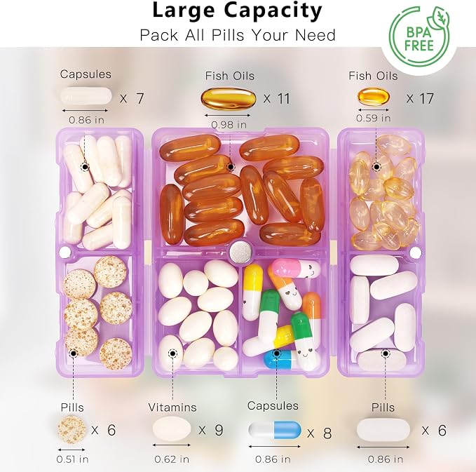 FYY Daily Pill Organizer, 7 Compartments Portable Pill Case Travel Pill Organizer,[Folding Design] Pill Box for Purse Pocket to Hold Vitamins,Cod Liver Oil,Supplements and Medication-Clear Purple