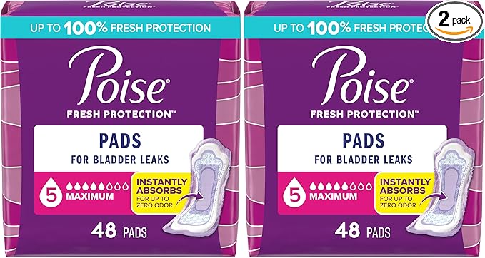 Poise Incontinence Pads, Maximum Absorbency, Regular, 48 Count (Pack of 2)