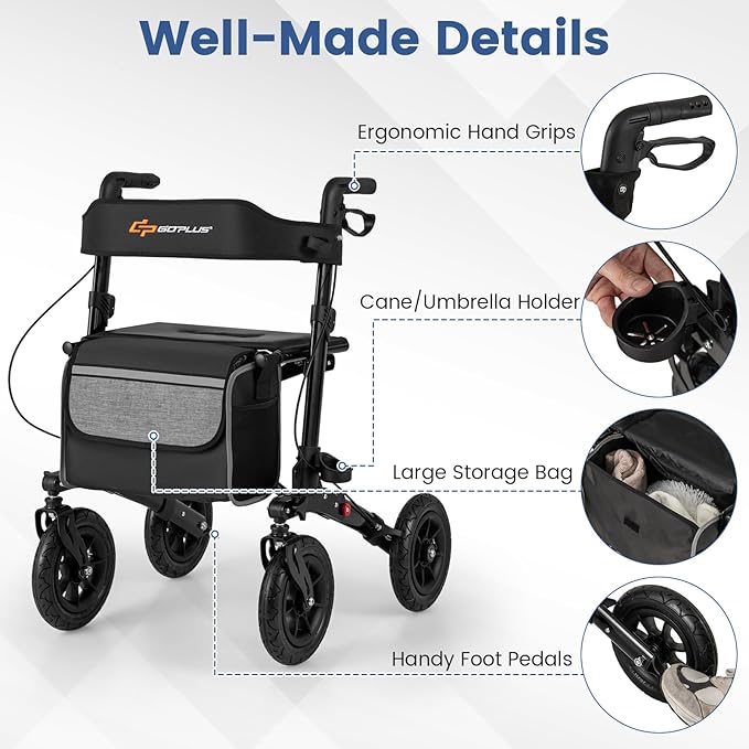 Goplus Walkers for Seniors with Seat, 2 in 1 Folding Rolling Rollator Walker with 9" Pneumatic Tires for All Terrain, Height Adjustment, Ergonomic Backrest, Aluminum Adult Mobility Walking Aid